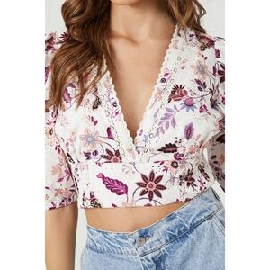 Forever 21 Cream Embellished Crop Blouse 3/4 Sleeve